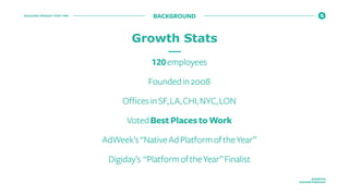 BUILDING PRODUCT POST PMF
@ROBFAN
@SHARETHROUGH
120employees
Foundedin2008
OfficesinSF,LA,CHI,NYC,LON
VotedBest Places to Work
AdWeek’s“NativeAdPlatformoftheYear”
Digiday’s “PlatformoftheYear”Finalist
BACKGROUND
Growth Stats
 