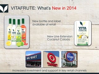 VITAFRUTE: What’s New in 2014
New bottle and label
available at retail
Increased investment and support in key retail channels
New Line Extension
Coconut Colada
 