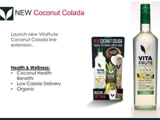 NEW Coconut Colada
Launch new VitaFrute
Coconut Colada line
extension.
Health & Wellness:
• Coconut Health
Benefits
• Low Calorie Delivery
• Organic
 