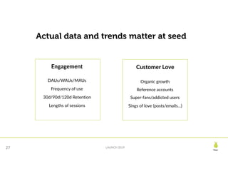 Pear
LAUNCH 2019
Actual data and trends matter at seed
27
Engagement
DAUs/WAUs/MAUs
Frequency of use
30d/90d/120d Retention
Lengths of sessions
Customer Love
Organic growth
Reference accounts  
Super-fans/addicted users
Sings of love (posts/emails…)
 
