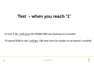Pear
LAUNCH 201940
Test - when you reach “1”
If I hire 1 AE, I will close this $400k ARR new business in 6 months
If I spend $10k in ads, I will get 10k new users (or maybe no ad-spend is needed)
 