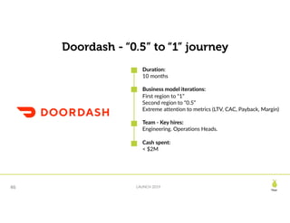 Pear
LAUNCH 201946
Doordash - “0.5” to “1” journey
Duration:
10 months
Business model iterations:
First region to “1”
Second region to “0.5”
Extreme attention to metrics (LTV, CAC, Payback, Margin)
Team - Key hires:
Engineering. Operations Heads.
Cash spent:
< $2M
 