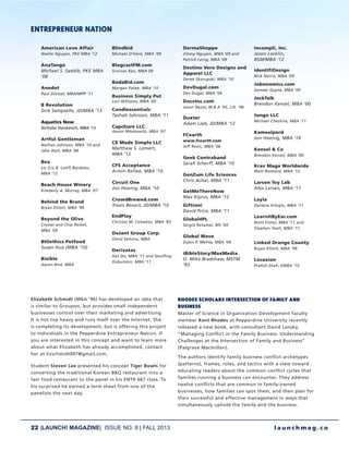 22 |LAUNCH! MAGAZINE| ISSUE NO. 8 | FALL 2013 l a u n c h m a g . c o
American Love Affair
Noelle Nguyen, PKE MBA ’12
AnaTango
Michael S. Saddik, PKE MBA
‘08
Anedot
Paul Dietzel, MBA/MPP ’11
B Revolution
Dirk Sampselle, JD/MBA ‘13
Aquatics Now
Nicholas Stankevich, mba ‘13
Artful Gentleman
Nathan Johnson, MBA ‘10 and
Jake Wall, MBA ‘08
Bea
Liz (Liz B. Latif) Bardelas,
MBA ‘12
Beach House Winery
Kimberly A. Murray, MBA ‘07
Behind the Brand
Bryan Elliott, MBA ‘99
Beyond the Olive
Crystal and Chip Reibel,
MBA ‘09
BIOethics Petfood
Susan Hua (MBA ’10)
Bizible
Aaron Bird, MBA
Blindbid
Michael O’Hare, MBA ‘09
BlogcastFM.com
Srinivas Rao, MBA 09
BodaBid.com
Margan Patee, MBA ‘10
Business Simply Put
Lori Williams, MBA ‘05
Candlessentials
Tashah Johnson, MBA ’11
Capchure LLC
Aaron Moskowitz, MBA ‘07
CE Made Simple LLC
Matthew S. Lemert,
MBA ‘12
CFS Acceptance
Armin Rafiee, MBA ’10
Circuit One
Jon Hoenig, MBA ’10
CrowdBrewed.com
Travis Benoit, JD/MBA ‘10
EndPlay
Christos M. Cotsakos, MBA ‘83
DeJant Group Corp.
Omid Semino, MBA
Derivatas
Dat Do, MBA ’11 and Geoffroy
Dubuisson, MBA ’11
DermaShoppe
Jimmy Nguyen, MBA ‘09 and
Patrick Leroy, MBA ‘09
Destino Vero Designs and
Apparel LLC
Derek Skorupski, MBA ‘10
DevDugal.com
Dev Dugal, MBA ‘04
Docstoc.com
Jason Nazar, M.B.A ’05, J.D. ‘06
Duxter
Adam Lieb, JD/MBA ‘12
FCearth
www.fcearth.com
Jeff Rozic, MBA ‘06
Geek Contraband
Sarah Scherff, MBA ’10
GenZum Life Sciences
Chris Achar, MBA ’11
GetMeThereNow
Max Kipnis, MBA ‘12
Giftioni
David Price, MBA ’11
Global4PL
Sergio Retamal, MS ‘04
Global Wave
Zubin P. Mehta, MBA ‘06
iBibleStory/MaxMedia
O. Mike Bradshaw, MSTM
‘93
Incompli, Inc.
Jason Locklin,
BSM/MBA ‘12
identifiDesign
Nick Norris, MBA ‘09
Jobonomics.com
Sameer Gupta, MBA ‘09
JockTalk
Brendon Kensel, MBA ‘00
Jungo LLC
Michael Cheshire, MBA ‘11
Kameelperd
Jon Hoenig, MBA ’10
Kensel & Co
Brendon Kensel, MBA ‘00
Krav Maga Worldwide
Matt Romond, MBA ‘12
	
Larsen Toy Lab
Alex Larsen, MBA ‘11
Layla
Darlene Kiloglu, MBA ‘11
LearnItByEar.com
Brett Fisher, MBA ‘11 and
Stephen Yeoh, MBA ‘11
Linked Orange County
Bryan Elliott, MBA ‘99
Locaxion
Pratish Shah, EMBA ‘10
ENTREPRENEUR NATION
Elizabeth Schmidt (MBA ’96) has developed an idea that
is similar to Groupon, but provides small independent
businesses control over their marketing and advertising
It is not top heavy and runs itself over the Internet. She
is completing its development, but is offering this project
to individuals in the Pepperdine Entrepreneur Nation. If
you are interested in this concept and want to learn more
about what Elizabeth has already accomplished, contact
her at lizschmidt007@gmail.com.
Student Steven Lee presented his concept Tiger Bowls for
converting the traditional Korean BBQ restaurant into a
fast food restaurant to the panel in his ENTR 667 class. To
his surprised he earned a term sheet from one of the
panelists the next day.
RHODES SCHOLARS INTERSECTION OF FAMILY AND
BUSINESS
Master of Science in Organization Development faculty
member Kent Rhodes at Pepperdine University recently
released a new book, with consultant David Lansky,
“Managing Conflict in the Family Business: Understanding
Challenges at the Intersection of Family and Business”
(Palgrave Macmillan).
The authors identify family business conflict archetypes
(patterns), frames, roles, and tactics with a view toward
educating readers about the common conflict cycles that
families running a business can encounter. They address
twelve conflicts that are common in family-owned
businesses, how families can spot them, and then plan for
their successful and effective management in ways that
simultaneously uphold the family and the business.
 