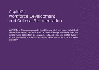 inhibit productivity and innovation. It seeks to realign education with the
ethical grounding, and industry-relevant skills needed to drive the 24H+
economy.
Aspire24
Workforce Development
and Cultural Re-orientation
 