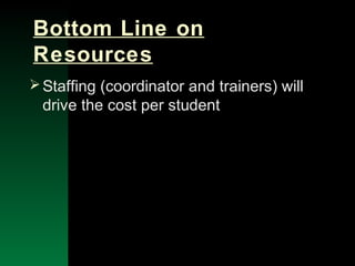 NYSEMO Version 1.0 Sept. 2003
Bottom Line on
Resources
Staffing (coordinator and trainers) will
drive the cost per student
 