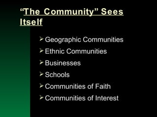 NYSEMO Version 1.0 Sept. 2003
“The Community” Sees
Itself
Geographic Communities
Ethnic Communities
Businesses
Schools
Communities of Faith
Communities of Interest
 