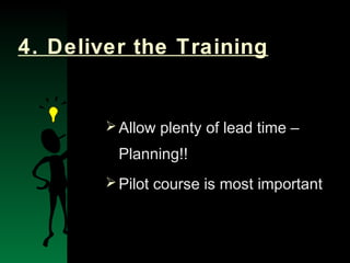 NYSEMO Version 1.0 Sept. 2003
4. Deliver the Training
Allow plenty of lead time –
Planning!!
Pilot course is most important
 
