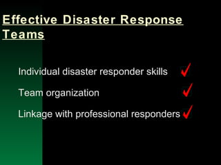 NYSEMO Version 1.0 Sept. 2003
Effective Disaster Response
Teams
Individual disaster responder skills
Team organization
Linkage with professional responders
 