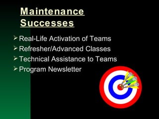 NYSEMO Version 1.0 Sept. 2003
Maintenance
Successes
Real-Life Activation of Teams
Refresher/Advanced Classes
Technical Assistance to Teams
Program Newsletter
 
