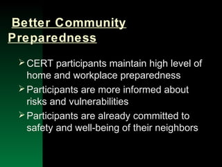 NYSEMO Version 1.0 Sept. 2003
Better Community
Preparedness
CERT participants maintain high level of
home and workplace preparedness
Participants are more informed about
risks and vulnerabilities
Participants are already committed to
safety and well-being of their neighbors
 