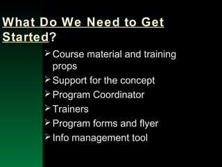 NYSEMO Version 1.0 Sept. 2003
What Do We Need to Get
Started?
Course material and training
props
Support for the concept
Program Coordinator
Trainers
Program forms and flyer
Info management tool
 