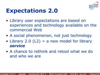 Expectations 2.0 Library user expectations are based on experiences and technology available on the commercial Web A social phenomenon, not just technology Library 2.0 (L2) = a new model for library  service A chance to rethink and retool what we do and who we are 