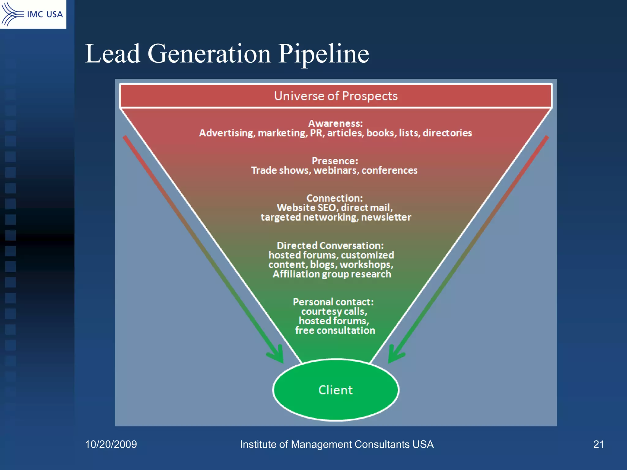 Lead Generation Pipeline




10/20/2009   Institute of Management Consultants USA   21
 