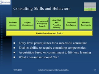 Consulting Skills and Behaviors




     Entry level prerequisites for a successful consultant
     Enables ability to acquire consulting competencies
     Acquisition based on commitment to life long learning
     What a consultant should “be”


10/20/2009          Institute of Management Consultants USA   12
 