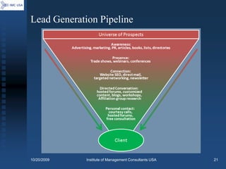 Lead Generation Pipeline




10/20/2009   Institute of Management Consultants USA   21
 