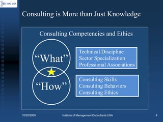 Consulting is More than Just Knowledge

             Consulting Competencies and Ethics

                                 Technical Discipline
         “What”                  Sector Specialization
                                 Professional Associations

                                 Consulting Skills
             “How”               Consulting Behaviors
                                 Consulting Ethics



10/20/2009           Institute of Management Consultants USA   8
 