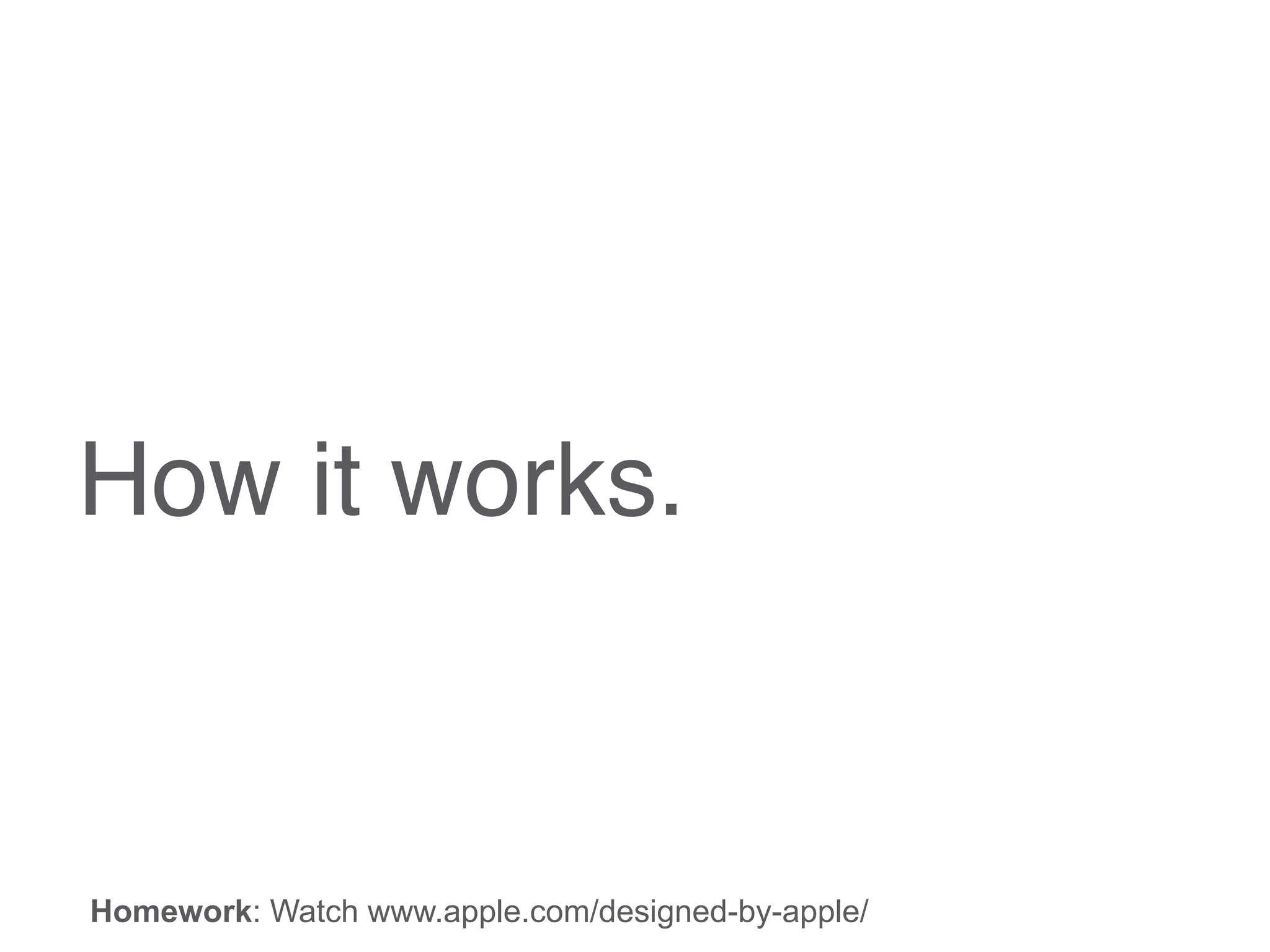 How it works.
Homework: Watch www.apple.com/designed-by-apple/
 