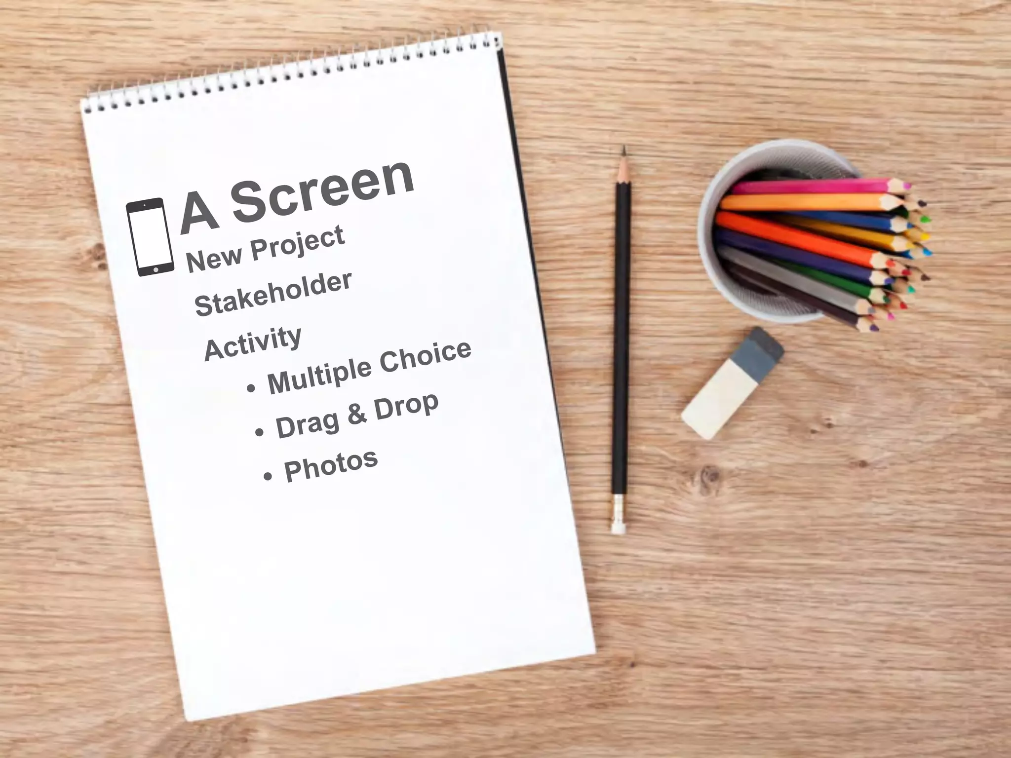 A Screen
New Project
Stakeholder
Activity
• Multiple Choice
• Drag & Drop
• Photos
 