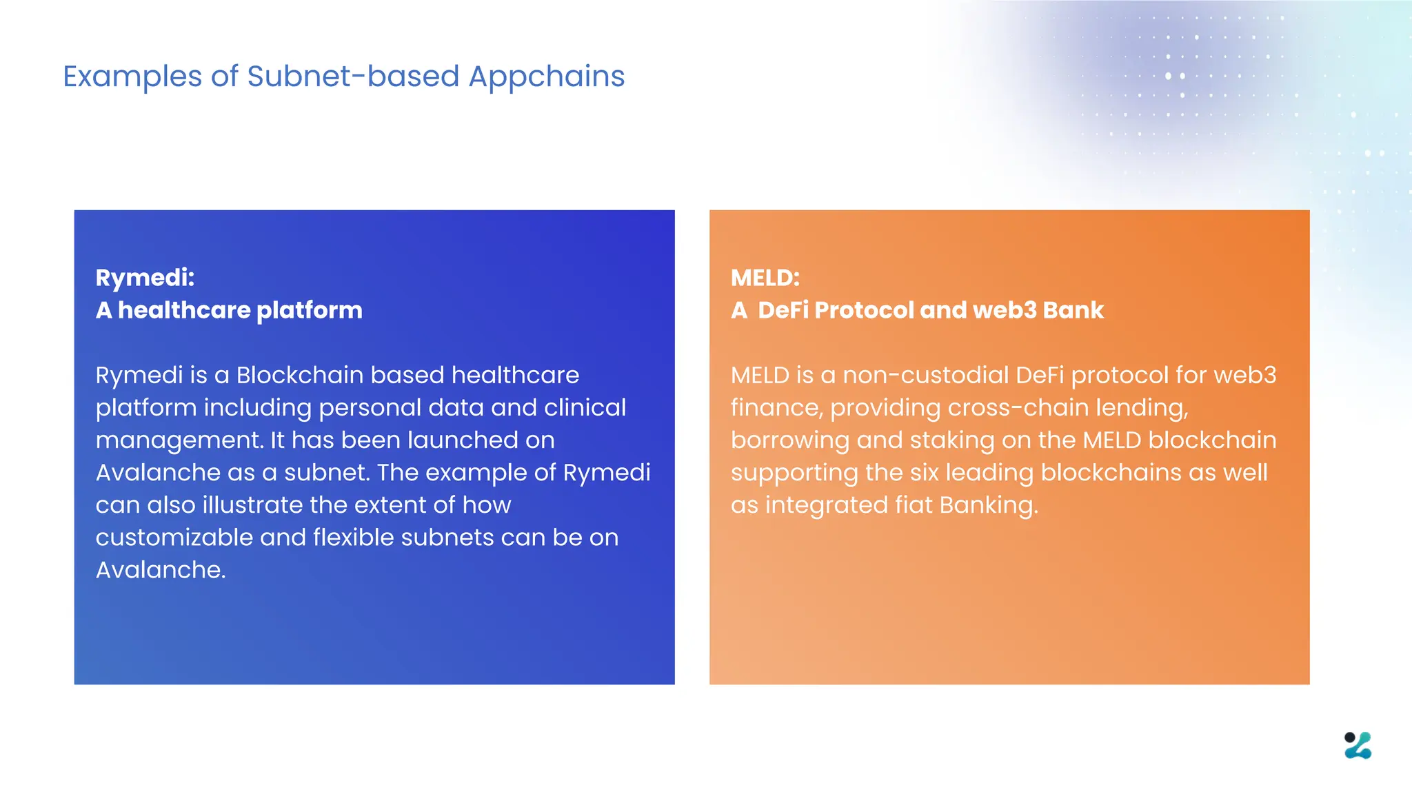 Examples of Subnet-based Appchains
Rymedi:
A healthcare platform
Rymedi is a Blockchain based healthcare
platform including personal data and clinical
management. It has been launched on
Avalanche as a subnet. The example of Rymedi
can also illustrate the extent of how
customizable and flexible subnets can be on
Avalanche.
MELD:
A DeFi Protocol and web3 Bank
MELD is a non-custodial DeFi protocol for web3
finance, providing cross-chain lending,
borrowing and staking on the MELD blockchain
supporting the six leading blockchains as well
as integrated fiat Banking.
 