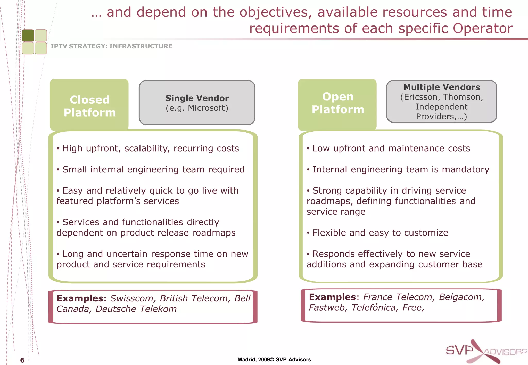 … and depend on the objectives, available resources and time
                                  requirements of each specific Operator
    IPTV STRATEGY: INFRASTRUCTURE




                                                                                                Multiple Vendors
        Closed                 Single Vendor                                     Open          (Ericsson, Thomson,
                               (e.g. Microsoft)                                Platform            Independent
       Platform                                                                                    Providers,…)


     • High upfront, scalability, recurring costs                         • Low upfront and maintenance costs

     • Small internal engineering team required                           • Internal engineering team is mandatory

     • Easy and relatively quick to go live with                          • Strong capability in driving service
     featured platform’s services                                         roadmaps, defining functionalities and
                                                                          service range
     • Services and functionalities directly
     dependent on product release roadmaps                                • Flexible and easy to customize

     • Long and uncertain response time on new                            • Responds effectively to new service
     product and service requirements                                     additions and expanding customer base


     Examples: Swisscom, British Telecom, Bell                             Examples: France Telecom, Belgacom,
     Canada, Deutsche Telekom                                              Fastweb, Telefónica, Free,




6                                                 Madrid, 2009© SVP Advisors
 