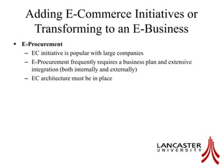 Adding E-Commerce Initiatives or
Transforming to an E-Business
 E-Procurement
– EC initiative is popular with large companies
– E-Procurement frequently requires a business plan and extensive
integration (both internally and externally)
– EC architecture must be in place
 