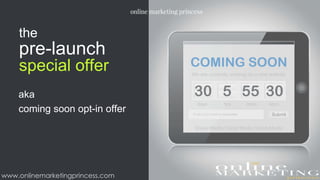 the
pre-launch
special offer
aka
coming soon opt-in offer
www.onlinemarketingprincess.com
 