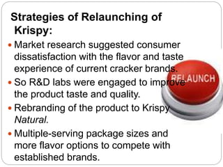 Strategies of Relaunching of
Krispy:
 Market research suggested consumer
dissatisfaction with the flavor and taste
experience of current cracker brands.
 So R&D labs were engaged to improve
the product taste and quality.
 Rebranding of the product to Krispy
Natural.
 Multiple-serving package sizes and
more flavor options to compete with
established brands.
 