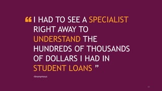 I HAD TO SEE A SPECIALIST
RIGHT AWAY TO
UNDERSTAND THE
HUNDREDS OF THOUSANDS
OF DOLLARS I HAD IN
STUDENT LOANS ”
-Anonymous
“
10
 
