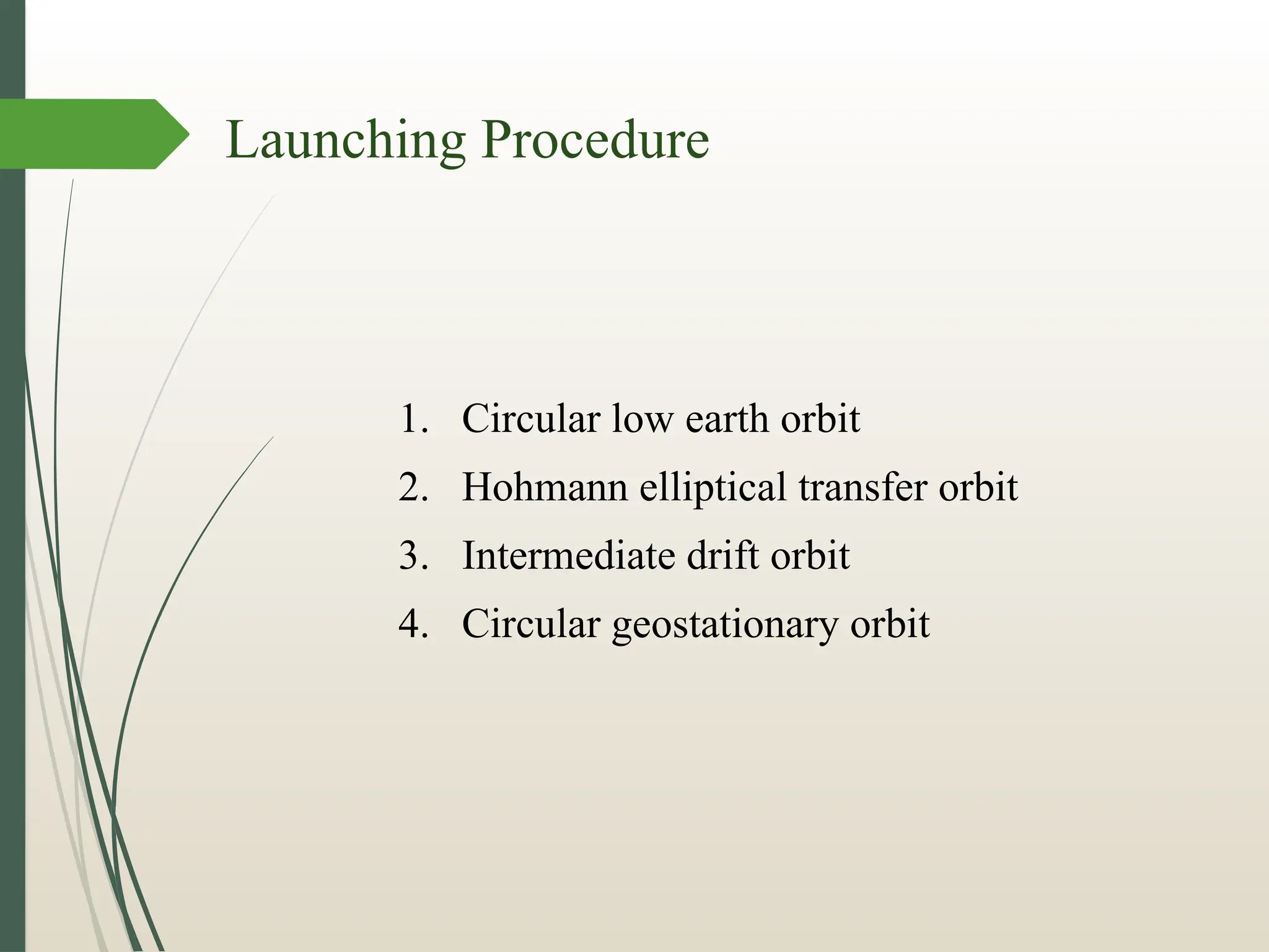 1. Circular low earth orbit
2. Hohmann elliptical transfer orbit
3. Intermediate drift orbit
4. Circular geostationary orbit
Launching Procedure
 