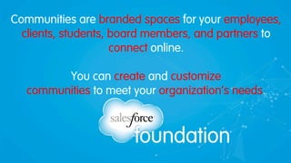 Communities are branded spaces for your employees,
clients, students, board members, and partners to
connect online.
You can create and customize
communities to meet your organization’s needs.
 