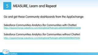 MEASURE, Learn and Repeat
Go and get these Community dashboards from the AppExchange:
Salesforce Communities Analytics (for Communities with Chatter)
https://appexchange.salesforce.com/listingDetail?listingId=a0N3000000B5XHsEAN
Salesforce Communities Analytics (for Communities without Chatter)
https://appexchange.salesforce.com/listingDetail?listingId=a0N3000000B5XI7EAN
5
 
