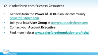 Your salesforce.com Success Resources
•  Get help from the Power of Us HUB online community
powerofus.force.com
•  Join your local User Group at usergroups.salesforce.com
•  Contact your Account Executive
•  Find more help at www.salesforcefoundation.org/help/
 
