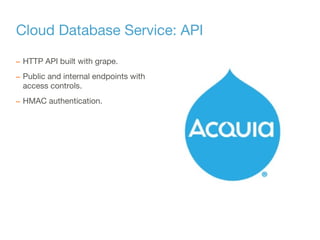 Cloud Database Service: API
– HTTP API built with grape.
– Public and internal endpoints with
access controls.
– HMAC authentication.
 