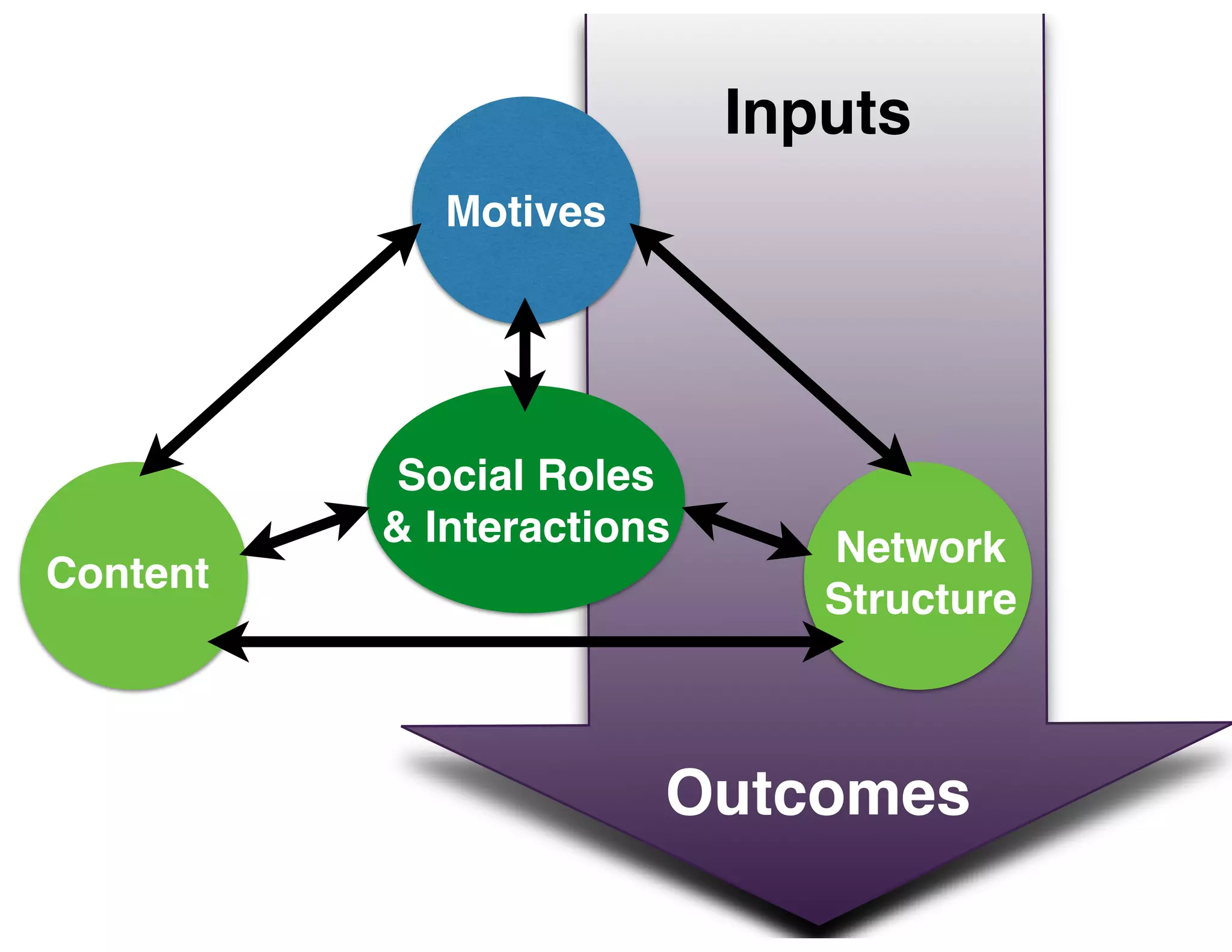 Inputs
Outcomes
Motives
Content
Network
Structure
Social Roles
& Interactions
 