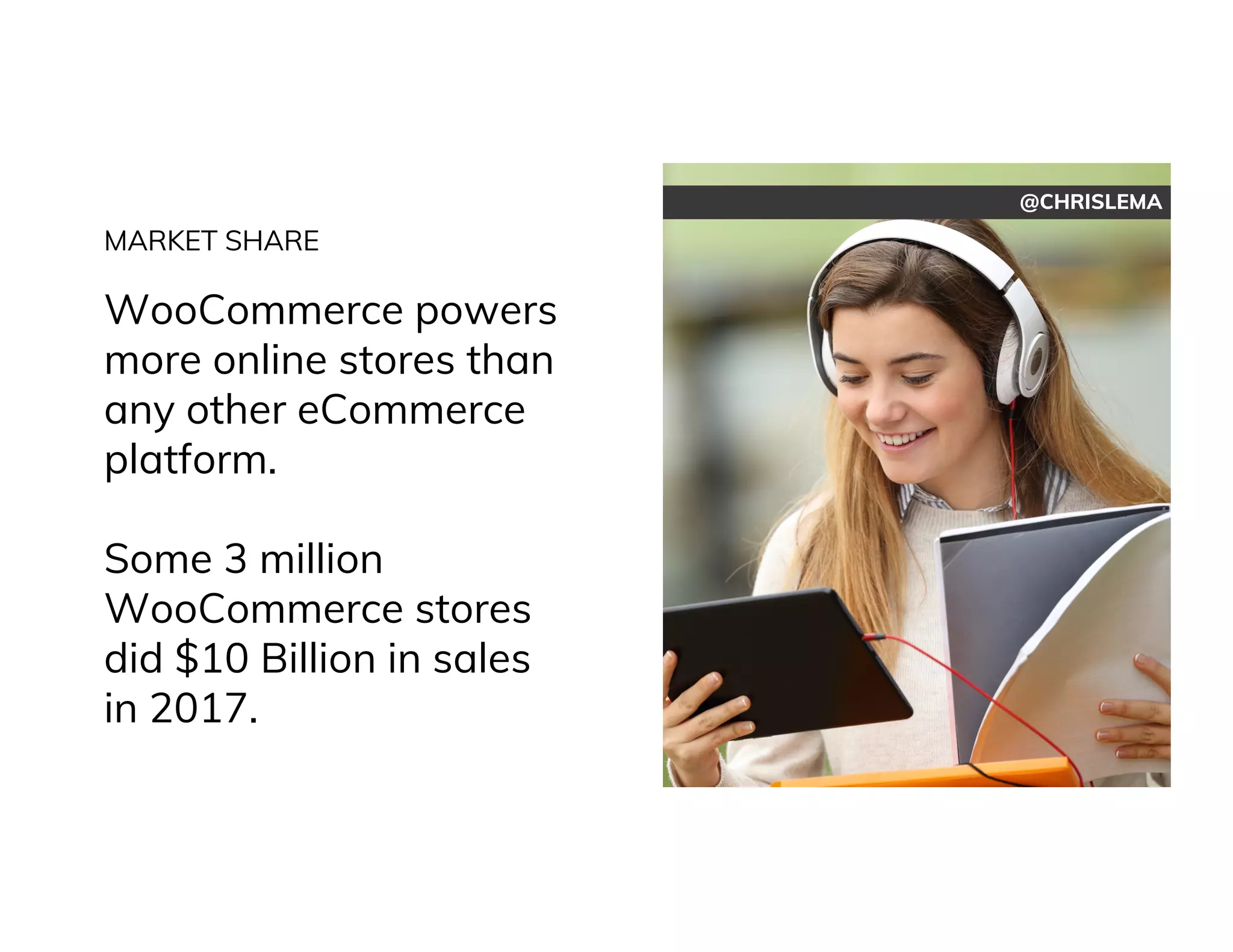 @CHRISLEMA
MARKET SHARE
WooCommerce powers
more online stores than
any other eCommerce
platform.
Some 3 million
WooCommerce stores
did $10 Billion in sales
in 2017.
 