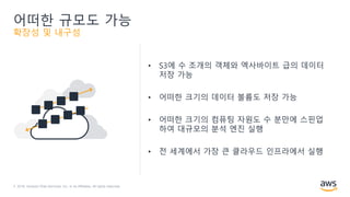 © 2018, Amazon Web Services, Inc. or its Affiliates. All rights reserved.
어떠한 규모도 가능
확장성 및 내구성
• S3에 수 조개의 객체와 엑사바이트 급의 데이터
저장 가능
• 어떠한 크기의 데이터 볼륨도 저장 가능
• 어떠한 크기의 컴퓨팅 자원도 수 분만에 스핀업
하여 대규모의 분석 엔진 실행
• 전 세계에서 가장 큰 클라우드 인프라에서 실행
 