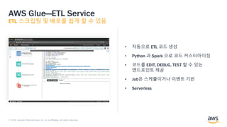 © 2018, Amazon Web Services, Inc. or its Affiliates. All rights reserved.
AWS Glue—ETL Service
ETL 스크립팅 및 배포를 쉽게 할 수 있음
• 자동으로 ETL 코드 생성
• Python 과 Spark 으로 코드 커스터마이징
• 코드를 EDIT, DEBUG, TEST 할 수 있는
엔드포인트 제공
• Job은 스케쥴이거나 이벤트 기반
• Serverless
 