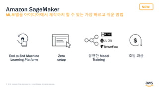 © 2018, Amazon Web Services, Inc. or its Affiliates. All rights reserved.
Amazon SageMaker
ML모델을 아이디어에서 제작까지 할 수 있는 가장 빠르고 쉬운 방법
NEW!
Zero
setup
유연한 Model
Training
End-to-End Machine
Learning Platform
초당 과금
$
 