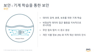 © 2018, Amazon Web Services, Inc. or its Affiliates. All rights reserved.
보안 : 기계 학습을 통한 보안
보안
• 데이터 검색, 분류, 보호를 위한 기계 학습
• 비정상적 데이터 접근 활동을 지속적으로
모니터링
• 무단 접속 탐지 시 경고 생성
• 개인 식별 정보 (PII) 와 지적 재산 데이터 인식
Amazon Macie
 