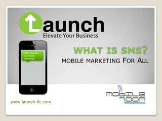 Help , how do I
     use mobile
                          WHAT IS SMS?
                       MOBILE MARKETING   FOR ALL
     marketing?




www.launch-llc.com

                                                    1
 