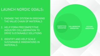 LAUNCH NORDIC GOALS:
1. ENGAGE THE SYSTEM IN GREENING
THE VALUE CHAIN OF MATERIALS
2. HELP FORM PRECOMPETITIVE
INDUSTRY CO...