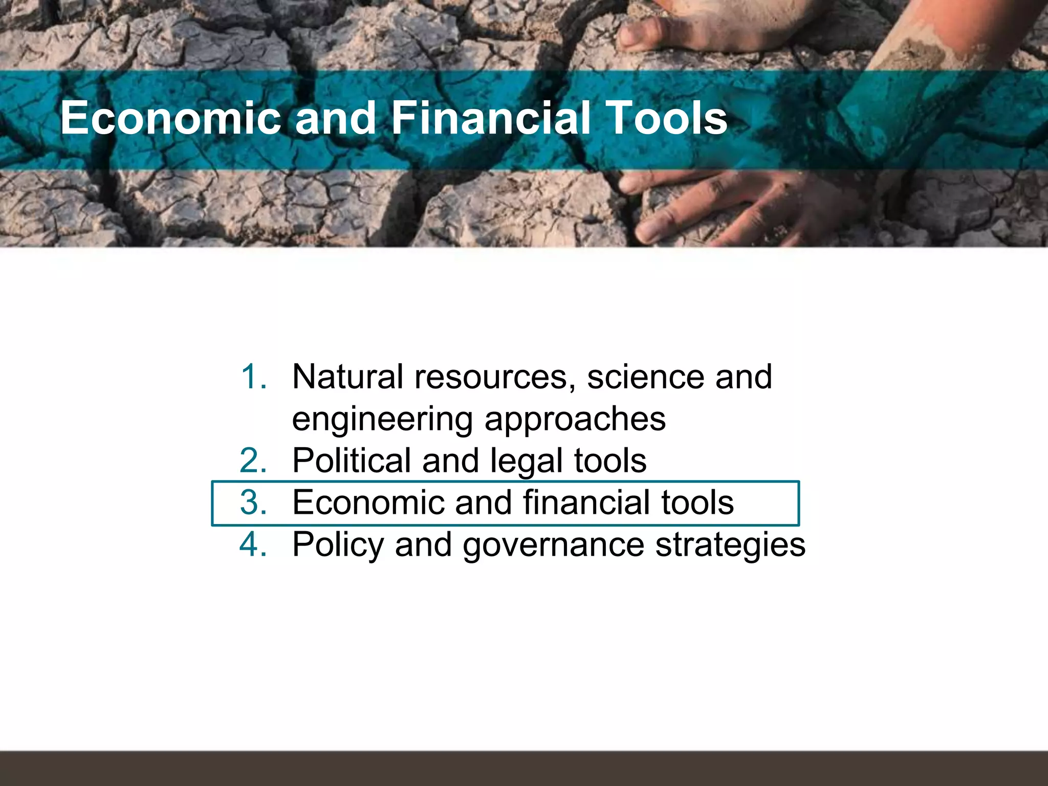 Economic and Financial Tools
1. Natural resources, science and
engineering approaches
2. Political and legal tools
3. Economic and financial tools
4. Policy and governance strategies
 