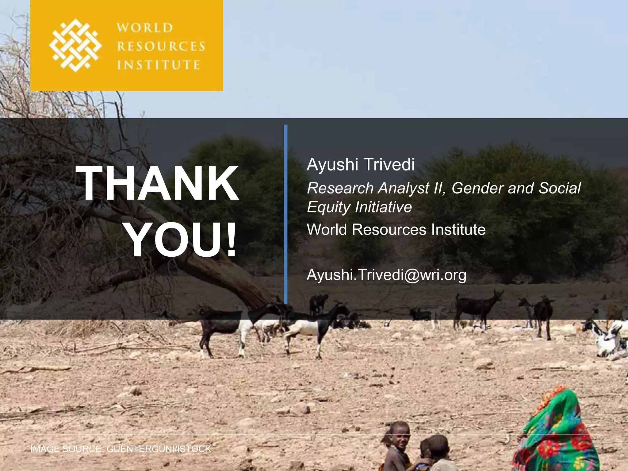 IMAGE SOURCE: GUENTERGUNI/ISTOCK
THANK
YOU!
Ayushi Trivedi
Research Analyst II, Gender and Social
Equity Initiative
World Resources Institute
Ayushi.Trivedi@wri.org
 