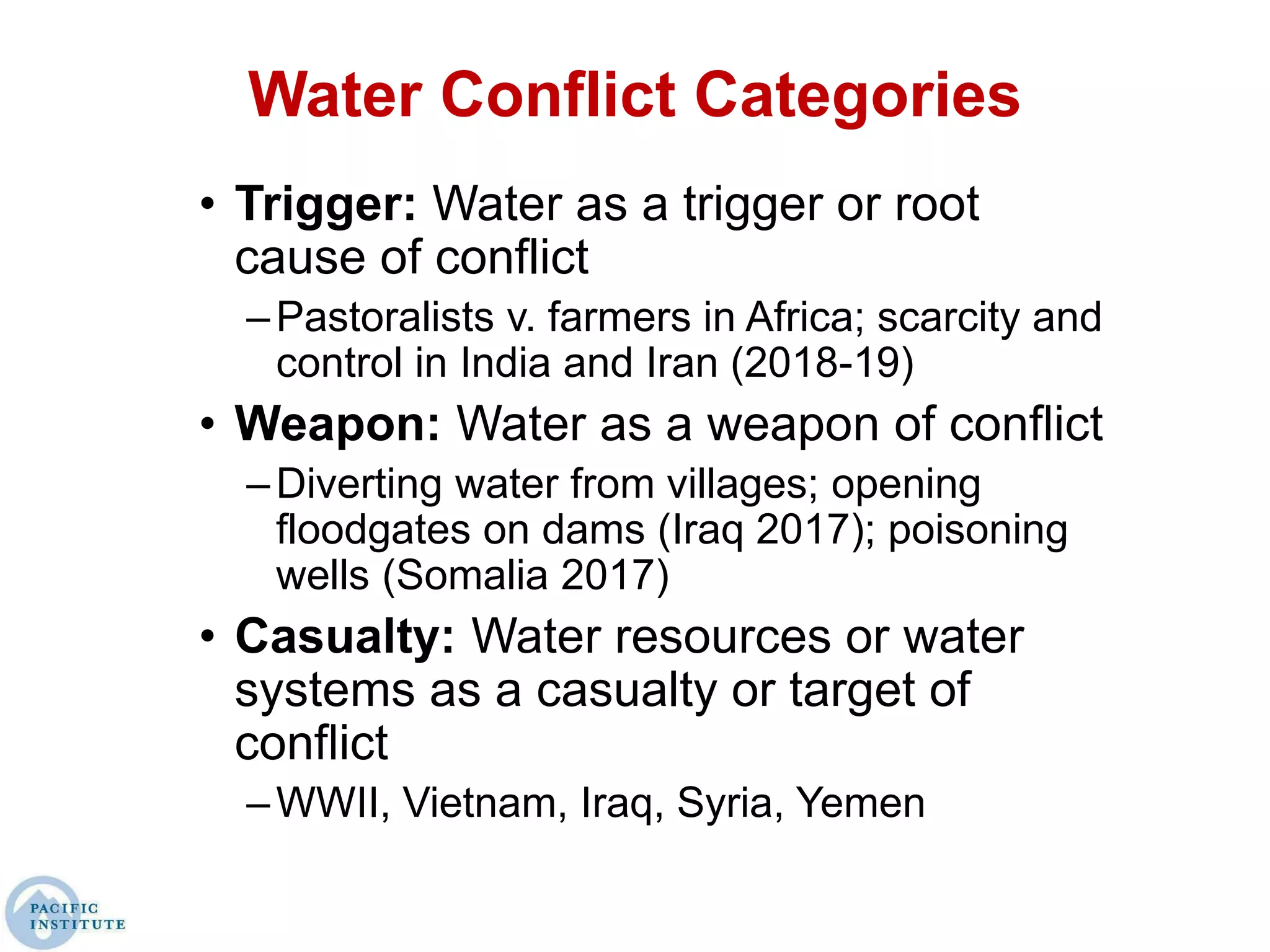Water Conflict Categories
• Trigger: Water as a trigger or root
cause of conflict
–Pastoralists v. farmers in Africa; scarcity and
control in India and Iran (2018-19)
• Weapon: Water as a weapon of conflict
–Diverting water from villages; opening
floodgates on dams (Iraq 2017); poisoning
wells (Somalia 2017)
• Casualty: Water resources or water
systems as a casualty or target of
conflict
–WWII, Vietnam, Iraq, Syria, Yemen
 