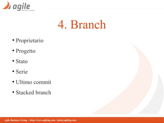 4. Branch
●

Proprietario

●

Progetto

●

Stato

●

Serie

●

Ultimo commit

●

Stacked branch

Agile Business Group - http://www.agilebg.com - info@agilebg.com

 