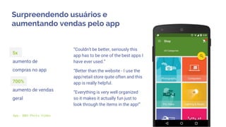 App: B&H Photo Video
“Couldn’t be better, seriously this
app has to be one of the best apps I
have ever used.”
“Better than the website - I use the
app/retail store quite often and this
app is really helpful.
“Everything is very well organized
so it makes it actually fun just to
look through the items in the app!”
Surpreendendo usuários e
aumentando vendas pelo app
5x
aumento de
compras no app
700%
aumento de vendas
geral
 