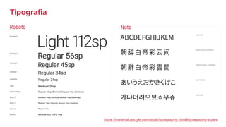 Tipografia
Roboto Noto
https://material.google.com/style/typography.html#typography-styles
 