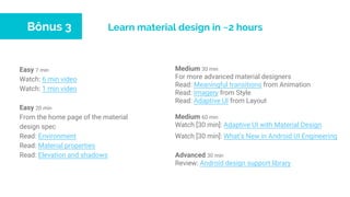 Learn material design in ~2 hours
Medium 30 min
For more advanced material designers
Read: Meaningful transitions from Animation
Read: Imagery from Style
Read: Adaptive UI from Layout
Medium 60 min
Watch [30 min]: Adaptive UI with Material Design
Watch [30 min]: What’s New in Android UI Engineering
Advanced 30 min
Review: Android design support library
Easy 7 min
Watch: 6 min video
Watch: 1 min video
Easy 20 min
From the home page of the material
design spec
Read: Environment
Read: Material properties
Read: Elevation and shadows
Bônus 3
 