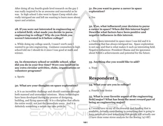 After doing all my fourth-grade level research on the guy I              31. Do you want to purse a career in space
was really inspired to be as awesome and successful as he                exploration?
was. In high school I also went to Space Camp which also
really intrigued me and left me wanting to learn more about              a. Yes
space and aviation.

                                                                         32. If so, what influenced your decision to purse
28. If you were not interested in engineering or                         a career in space? When did this interest begin?
a related field, what made you decide to purse                           Describe what factors have been positive and
engineering in college? Why do you think you                             negative influences in this interest.
weren’t interested in it before college?
                                                                         a. I have been interested in space since I was kid and it is
a. While doing my college search, I wasn’t 100% sure I                   something that has always intrigued me. Space exploration
wanted to go into engineering. Guidance counselors in high               is not easy and that is what makes it such an interesting field.
school told me I should do it since I was good at math and               Negative influences: President Obama and his ignorance
science.                                                                 about NASA’s achievements and potential for the future.


29. In elementary school or middle school, what                          33. Anything else you would like to add?
did you do in your free time? Were you involved in
any extra circular activities, clubs, organizations or                   a. Nope
volunteer programs?

a. Sports
                                                                         Respondent 3
30. What are your thoughts on space exploration?                         34. What year are you in college?

a. It is an incredible challenge and should continue through             a. Fourth Year Senior
both manned and unmanned missions. Many technologies
have been developed during the process of designing,                     35. What is your favorite aspect of the engineering
building, and flying spacecraft. It is a discipline that affects         field/major? What has been the most reward part of
the entire world, not just the immediate users. And it is                being an engineering major?
definitely something a nation can take pride in.
                                                                         a. I would have to say all the research and funding that is
                                                                         available. Actually contributing to something that is going to
                                                                         keep people alive and something that people will actually use
                                                                         (I have done some stress analysis for the Boeing 747-8F)

                                                                   101
 