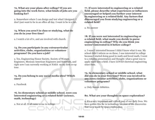 72. What are your plans after college? If you are                          77. If were interested in engineering or a related
going into the work force, what kinds of jobs are you                      field, please describe what experiences or influences
looking for?                                                               encouraged or helped you further your interest
                                                                           in engineering or a related field. Any factors that
a. Somewhere where I can design and test what I designed. I                discouraged you from studying engineering or a
don’t just want to be in an office all day. I want to be in a lab.         related field?

                                                                           a. No answer
73. When you aren’t in class or studying, what do
you do in your free time?
                                                                           78. If you were not interested in engineering or
a. I watch a lot of tv, and am involved with church.                       a related field, what made you decide to purse
                                                                           engineering in college? Why do you think you
                                                                           weren’t interested in it before college?
74. Do you participate in any extracurricular
activities, clubs, organizations or volunteer                              a. I wasn’t interested because I didn’t know what it was. My
programs? Do you have a job?                                               school didn’t inform us on these, I was interested in college
                                                                           because I started doing good in math and loved math, I went
a. Yes, Engineering Honor Society, Society of Women                        to a robotics presentation and thought: what a great way to
Engineers, Mexican American Engineers and Scientists, and                  apply math into a field. I have LOVED electrical engineering
right now I am currently working at NASA on my first co-op                 since then.
tour.

                                                                           79. In elementary school or middle school, what
75. Do you belong to any social media sites? Which                         did you do in your free time? Were you involved in
ones?                                                                      any extra circular activities, clubs, organizations or
                                                                           volunteer programs?
a. Facebook
                                                                           a. Only Soccer Athletics.

76. In elementary school or middle school, were you
interested engineering or a related field? (science,                       80. What are your thoughts on space exploration?
math, technology)
                                                                           a. It’s a very important and critical part of our daily lives. We
a. Not at all. It all came to me in college.                               have gotten this far in technology because of the discoveries
                                                                           that were made by space exploration.



                                                                     106
 